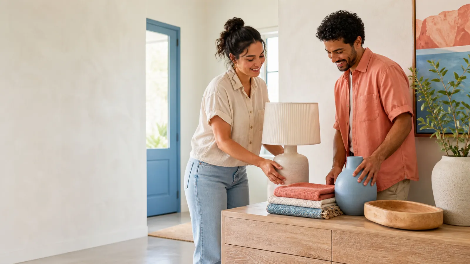 A couple styling a bright entryway with a lamp, ceramics and woven textiles