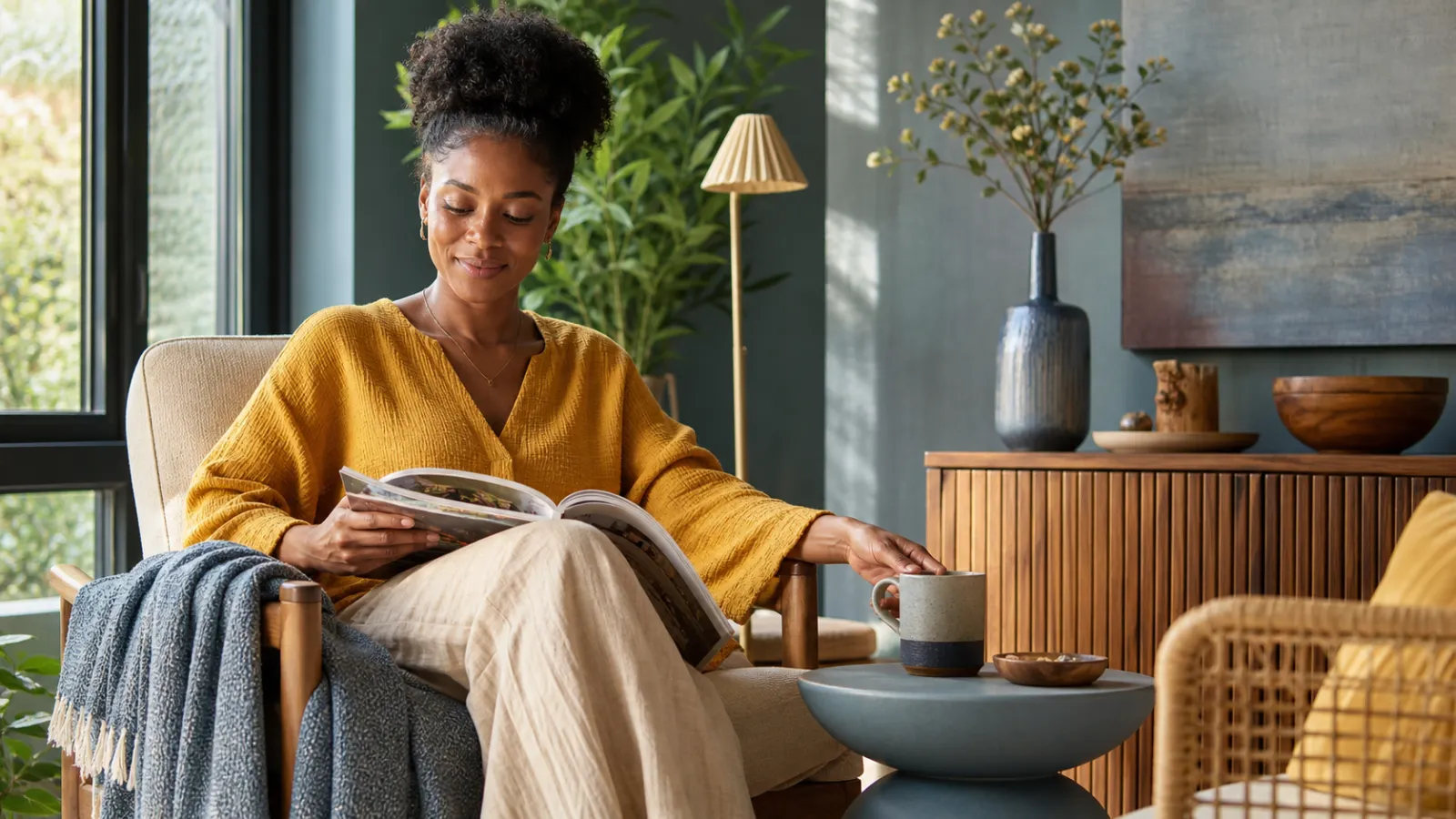 A woman reading in a cozy room with a lamp, side table and textured throw