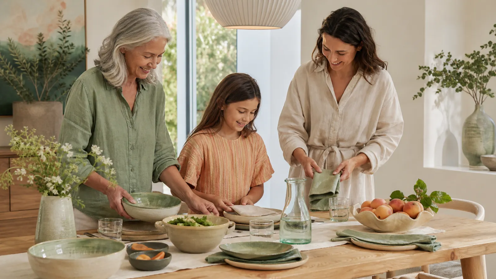 Three generations setting a bright table with ceramics and linen