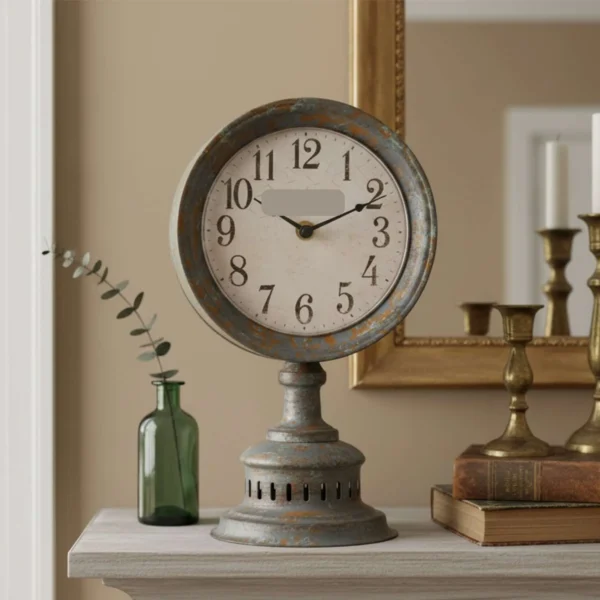 Distressed Metal Pedestal Mantel Clock