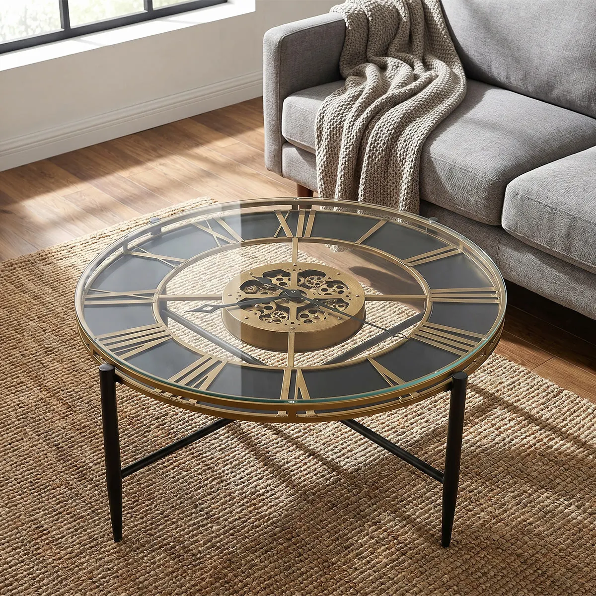 Aged Gold Glass-Top Clock Table