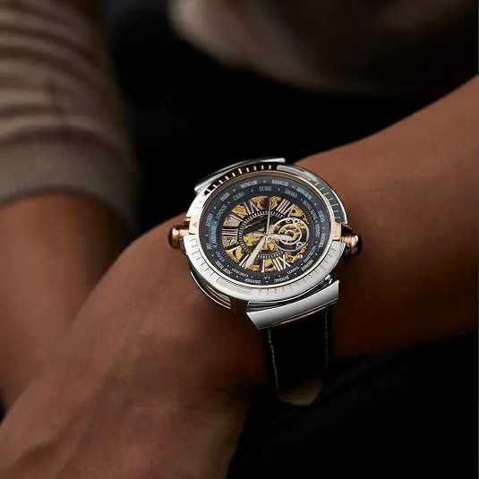 Black Openwork Watch with Leather Strap